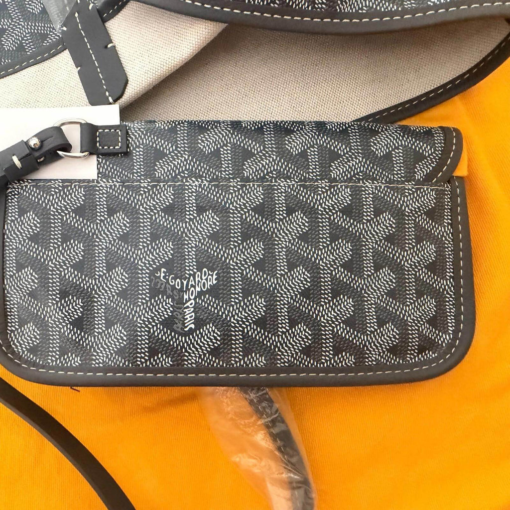 Goyard St. Louis bag GM- Goyardine interior showing pouch and strap detailing.