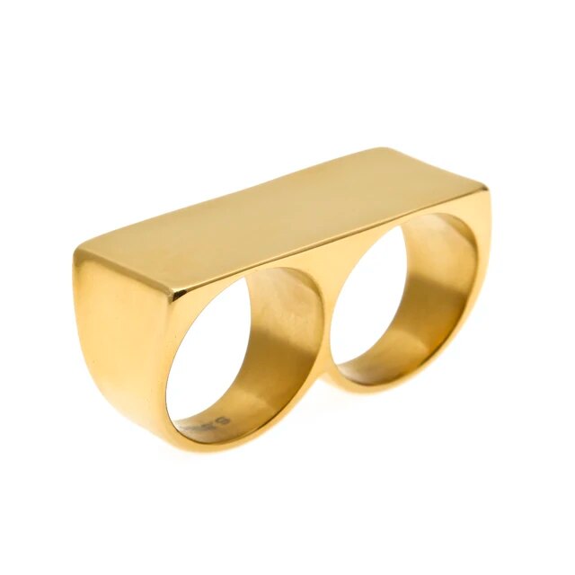 Two Finger Rings Stainless Steel Gold Color Men Punk Biker Rings