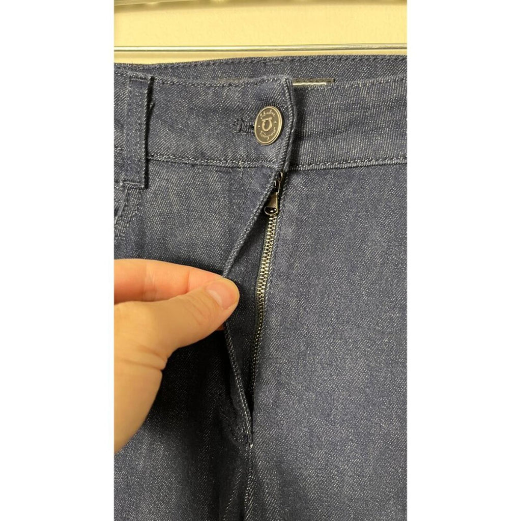 SALVATORE FERRAGAMO DARK NAVY CROPPED DENIM JEANS zipper detail and waistband close-up