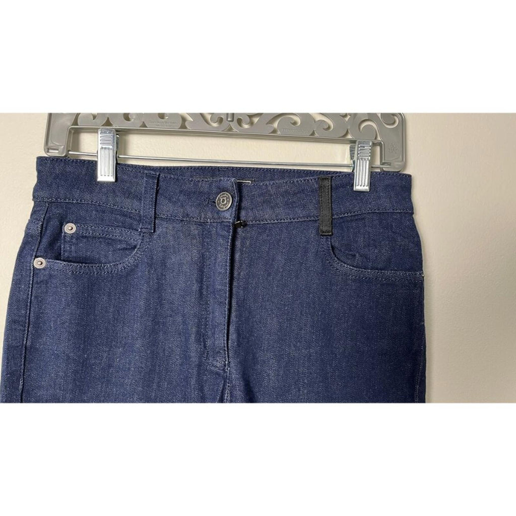 SALVATORE FERRAGAMO DARK NAVY CROPPED DENIM JEANS close-up of waistband and button detail