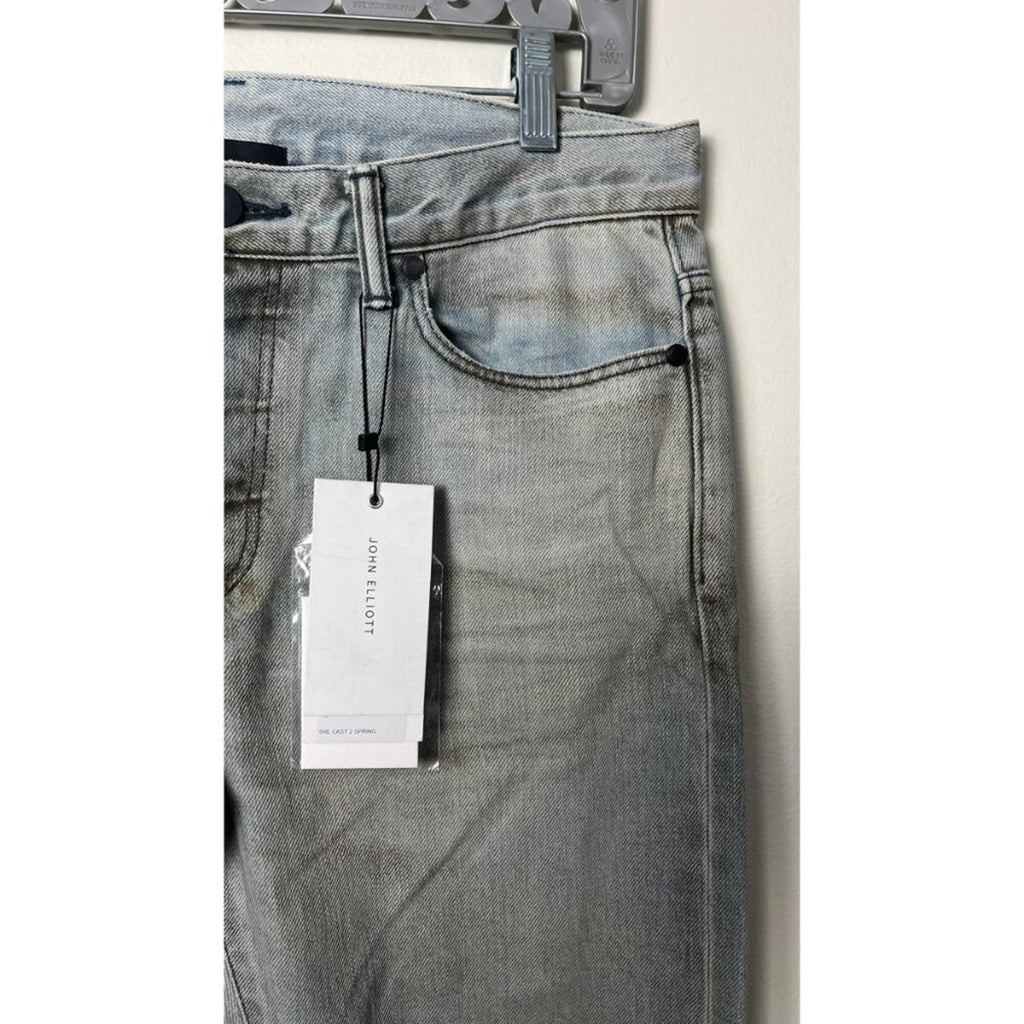 JOHN ELLIOTT THE CAST 2 SPRING DIRTY JEANS with tag, featuring factory staining and slim fit design.
