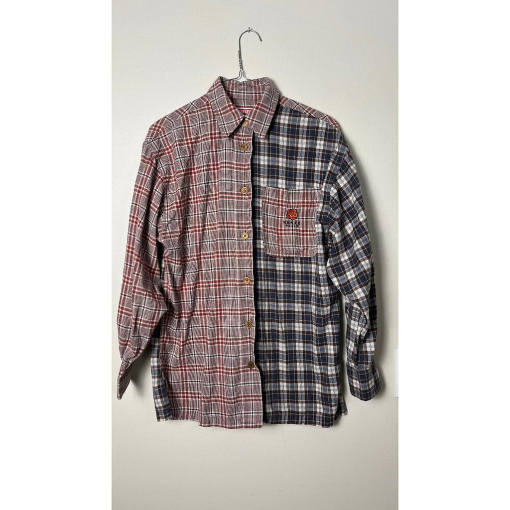 KENZO PARIS X NIGO 2 TONE PLAID OVERSIZED SHIRT featuring mixed plaid patterns and button down design.