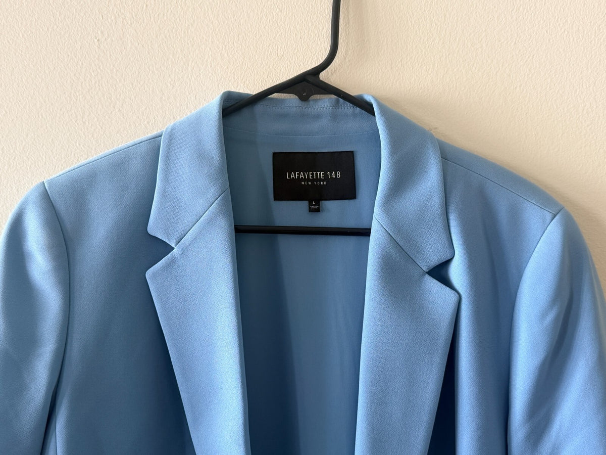 LAFAYETTE 148 Baby Blue Oversize Pleated Ruched 3/4 Sleeve Blazer Jacket L 12/14
