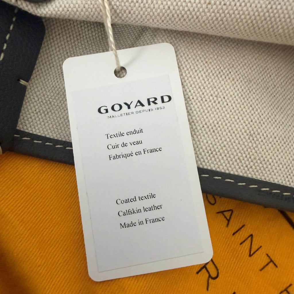 Goyard St. Louis bag GM- Goyardine tag detailing coated textile and calfskin leather made in France.