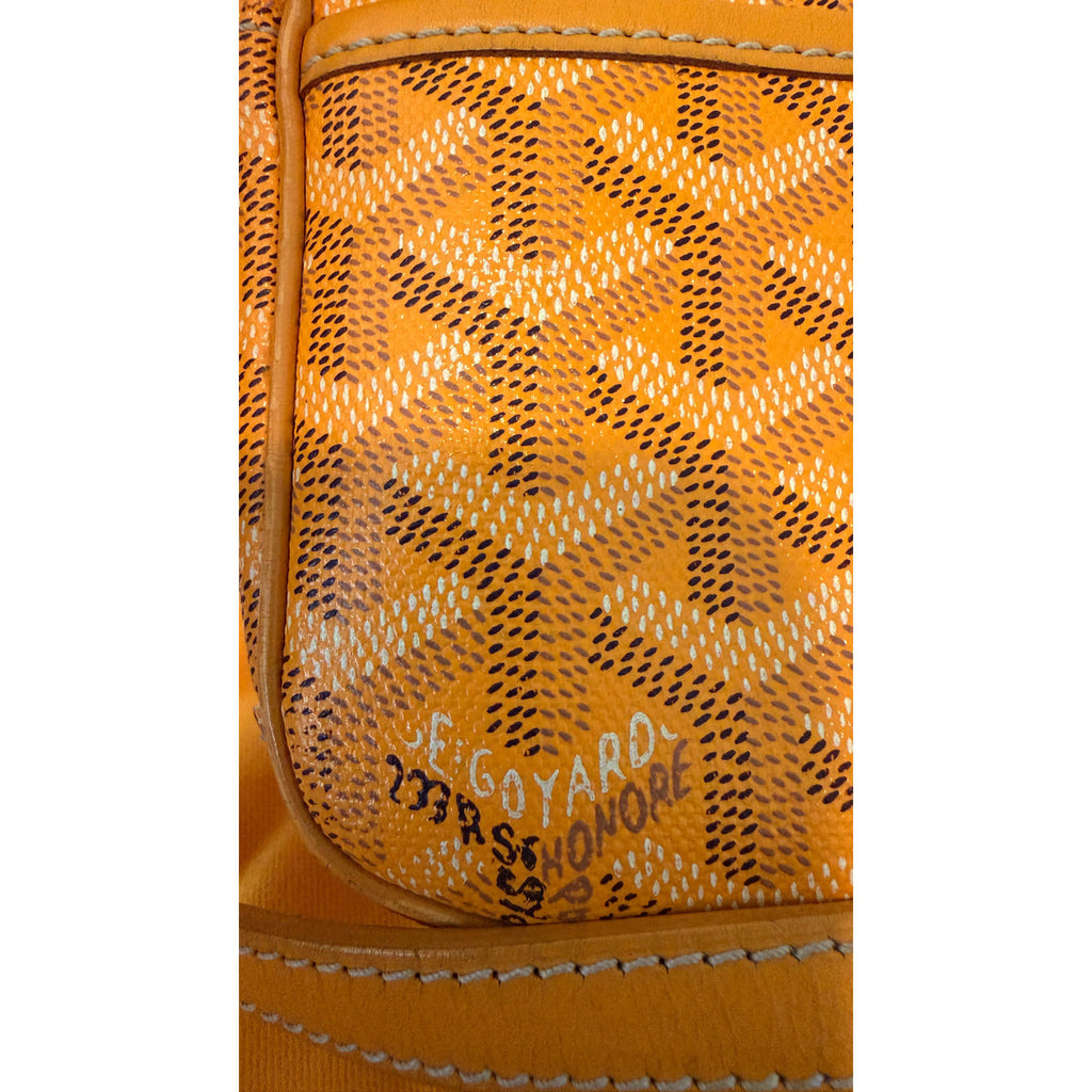 GOYARD YELLOW CAP VERT CROSSBODY BAG close-up of Goyardine pattern and serial number 233R SHONORE