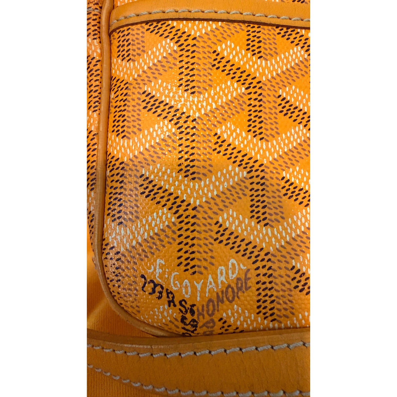 GOYARD YELLOW CAP VERT CROSSBODY BAG close-up of Goyardine pattern and serial number 233R SHONORE
