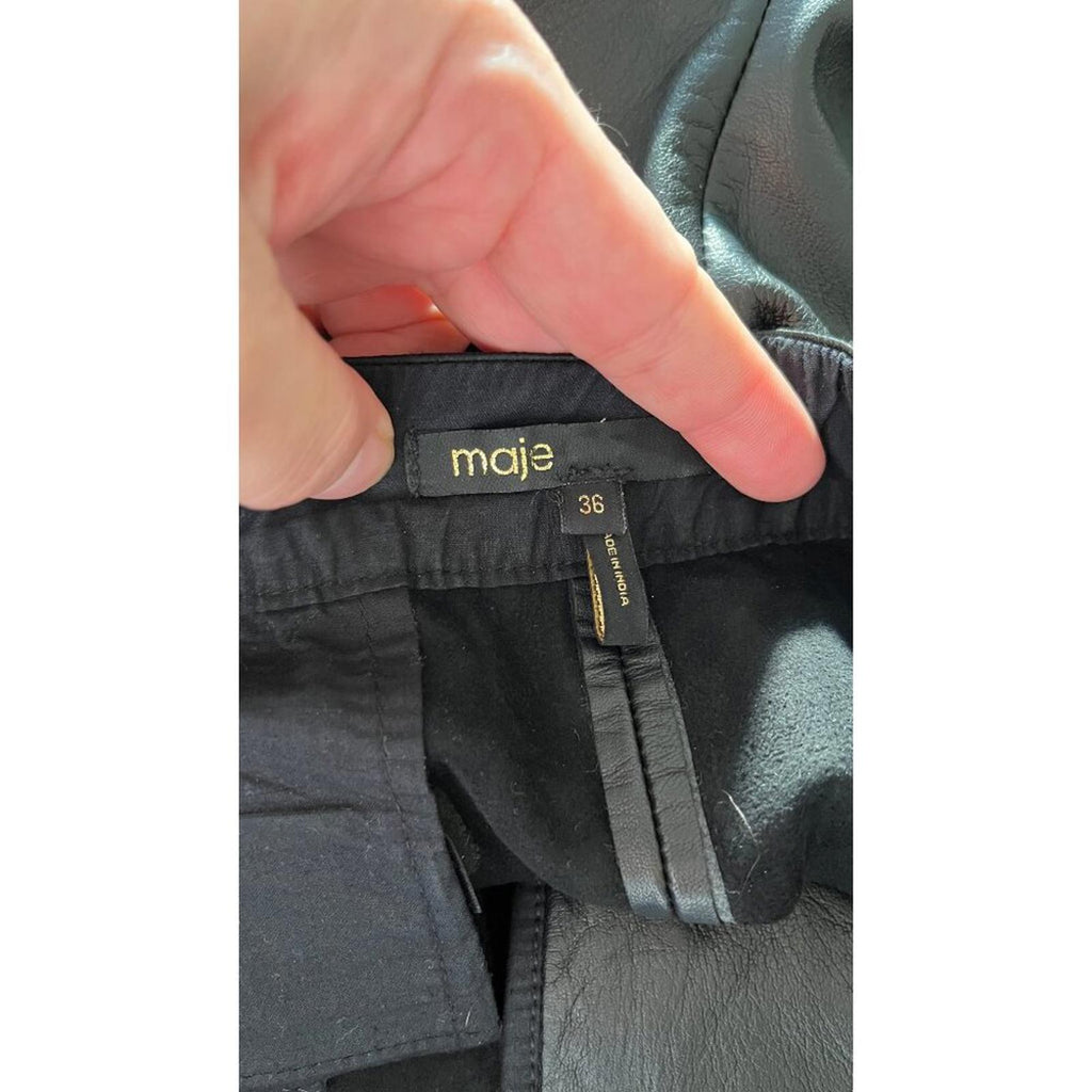 MAJE LAMBSKIN LEATHER BIKER SHORTS size label showing size 36, fits S/M, tagged inside the waistband.