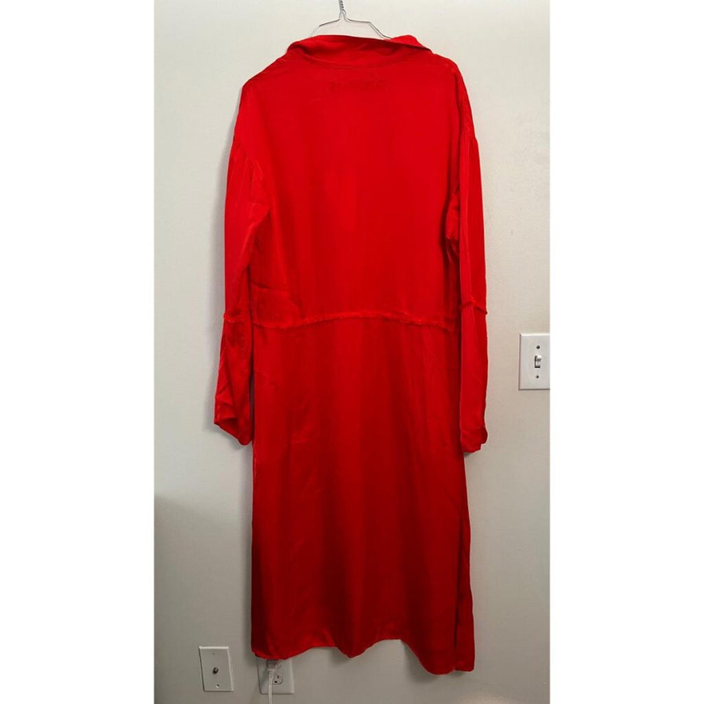 RAQUEL ALLEGRA RED GHOST RANCH MATTE RAYON SATIN DRESS hanging view from the back, oversized fit in bright red color.