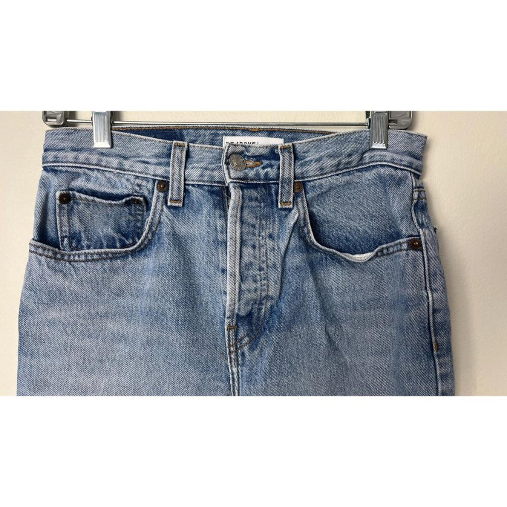 REDONE LEVIS VINTAGE DENIM JEANS front view showing waistband and pockets, perfect worn condition, size 27