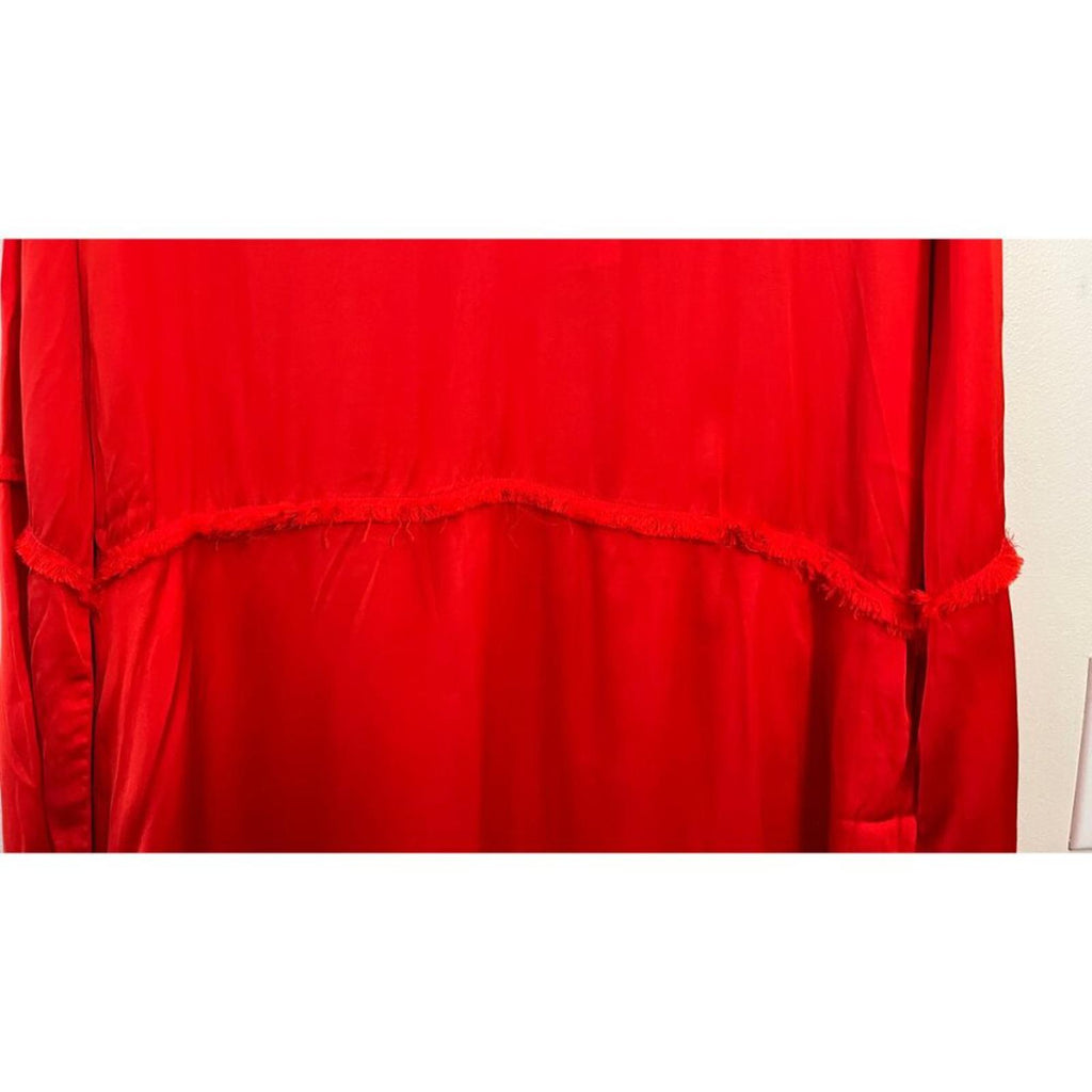 RAQUEL ALLEGRA RED GHOST RANCH MATTE RAYON SATIN DRESS showcasing vibrant red fabric and fringe detail.