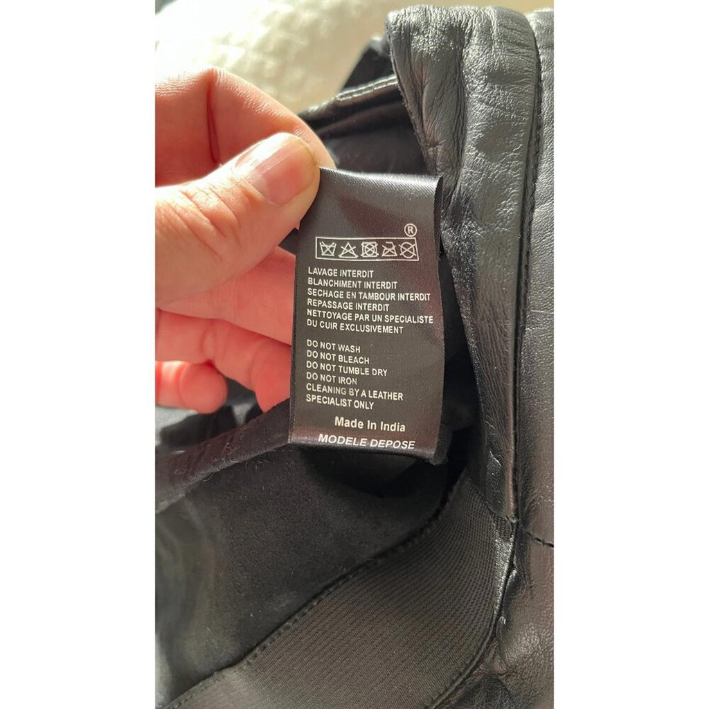 Care label of MAJE LAMBSKIN LEATHER BIKER SHORTS showing washing instructions and size information.