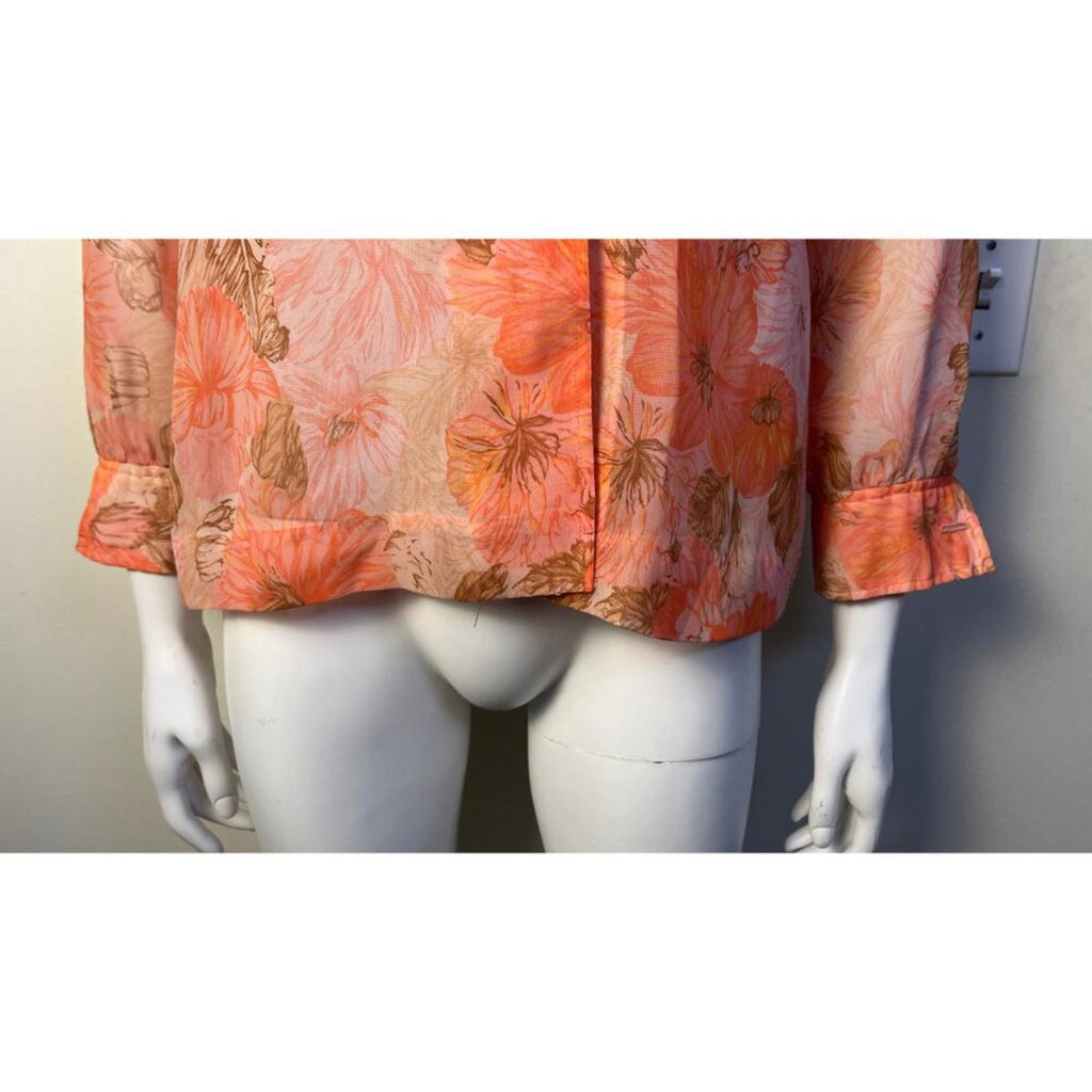 VINTAGE FLORAL 50'S 60'S SHEER JACKET featuring colorful floral patterns and cuffed sleeves, perfect for medium size.