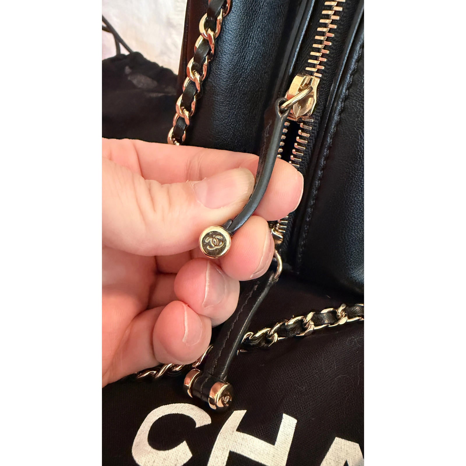 CHANEL BLACK QUILTED BOWLING CHAIN BAG