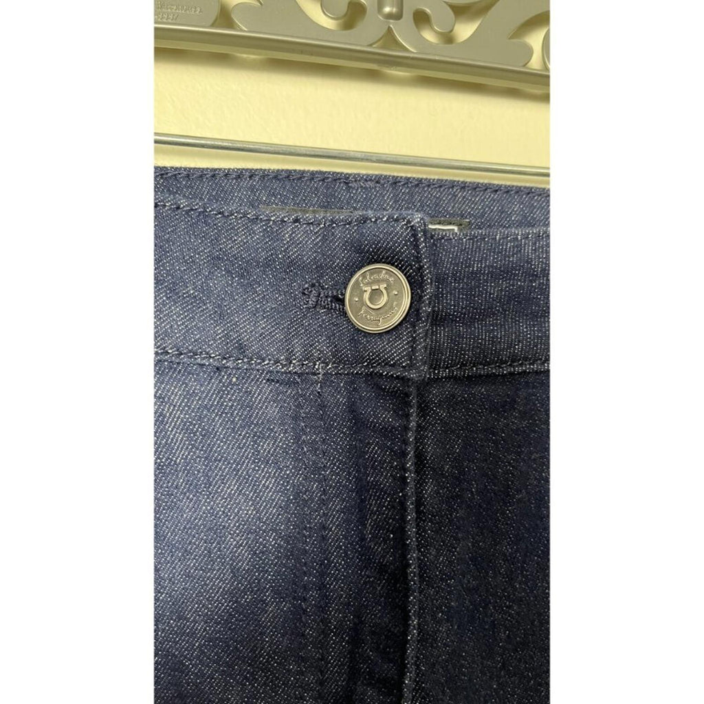 Close-up of button on SALVATORE FERRAGAMO DARK NAVY CROPPED DENIM JEANS showcasing high-quality craftsmanship.
