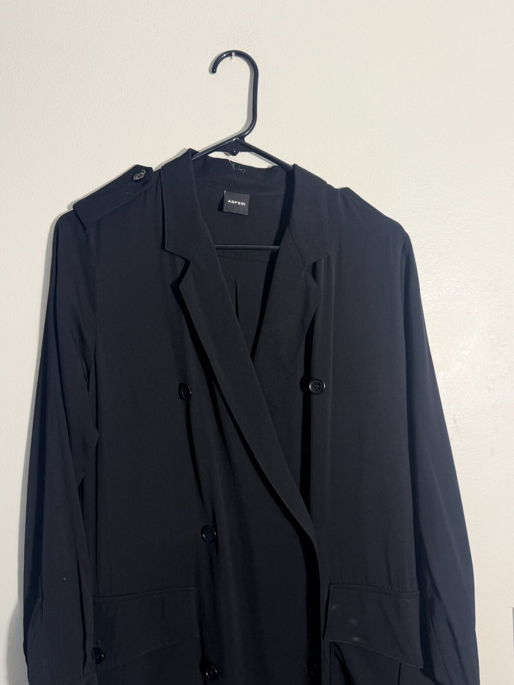ASPESI BLACK EPAULETTE BOX CUT DOUBLE BREAST TRENCH COAT 38