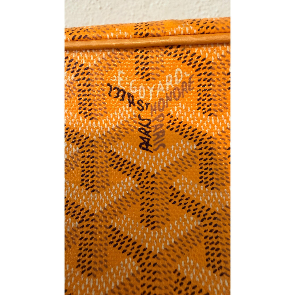 Close-up of GOYARD YELLOW CAP VERT CROSSBODY BAG showing the Goyardine pattern and hardware markings.