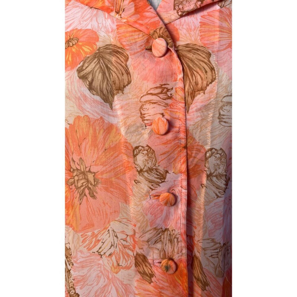 VINTAGE FLORAL 50'S 60'S SHEER JACKET close-up of floral pattern and covered buttons