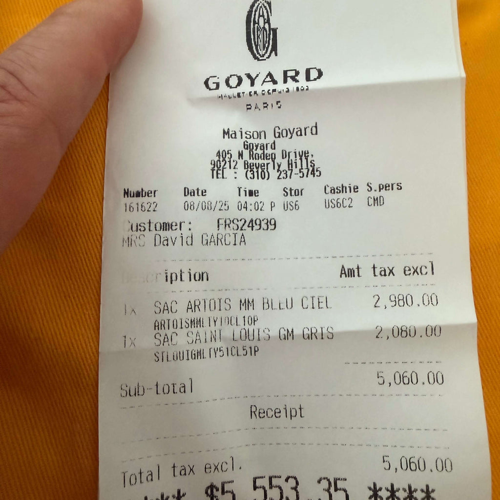 Goyard Artois MM Tote Bag- Goyardine receipt showing purchase details.
