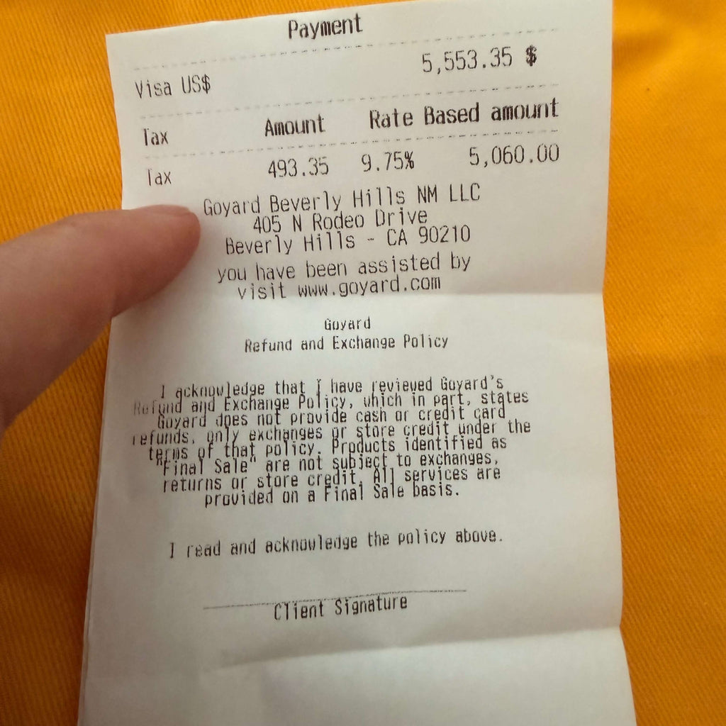 Receipt for Goyard Artois MM Tote Bag- Goyardine purchase from Goyard Beverly Hills, including payment details and exchange policy.