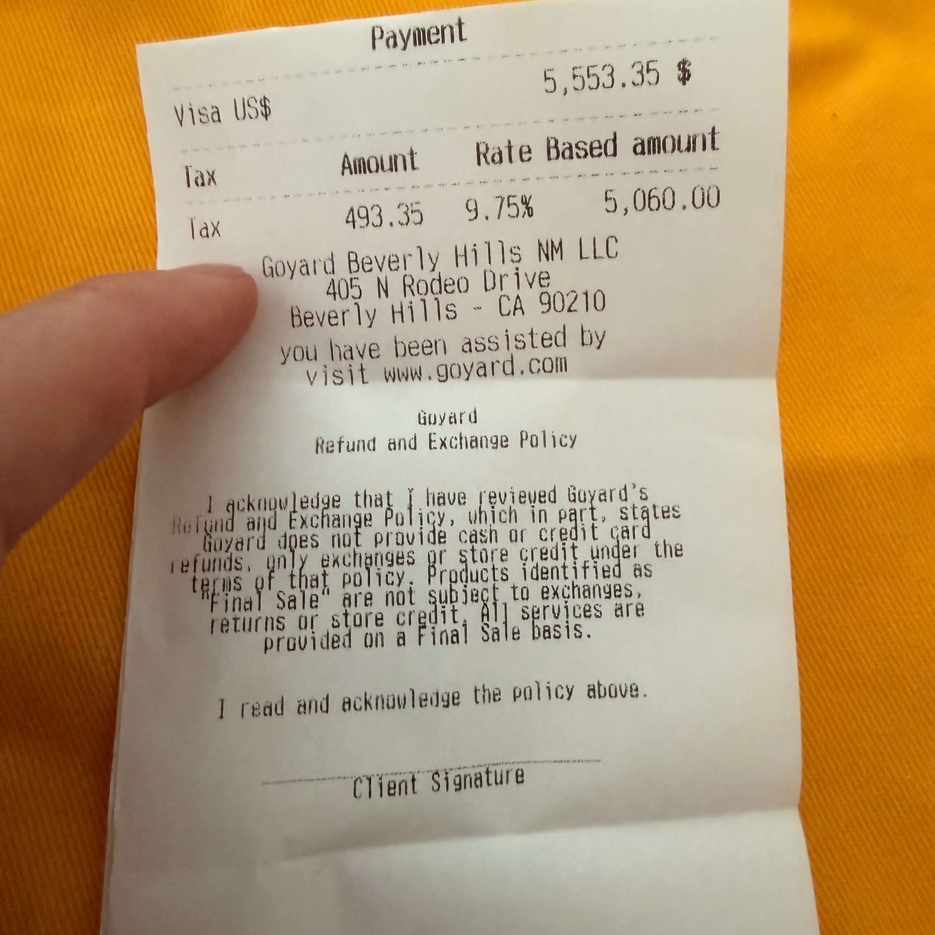 Receipt for Goyard Artois MM Tote Bag- Goyardine purchase from Goyard Beverly Hills, including payment details and exchange policy.