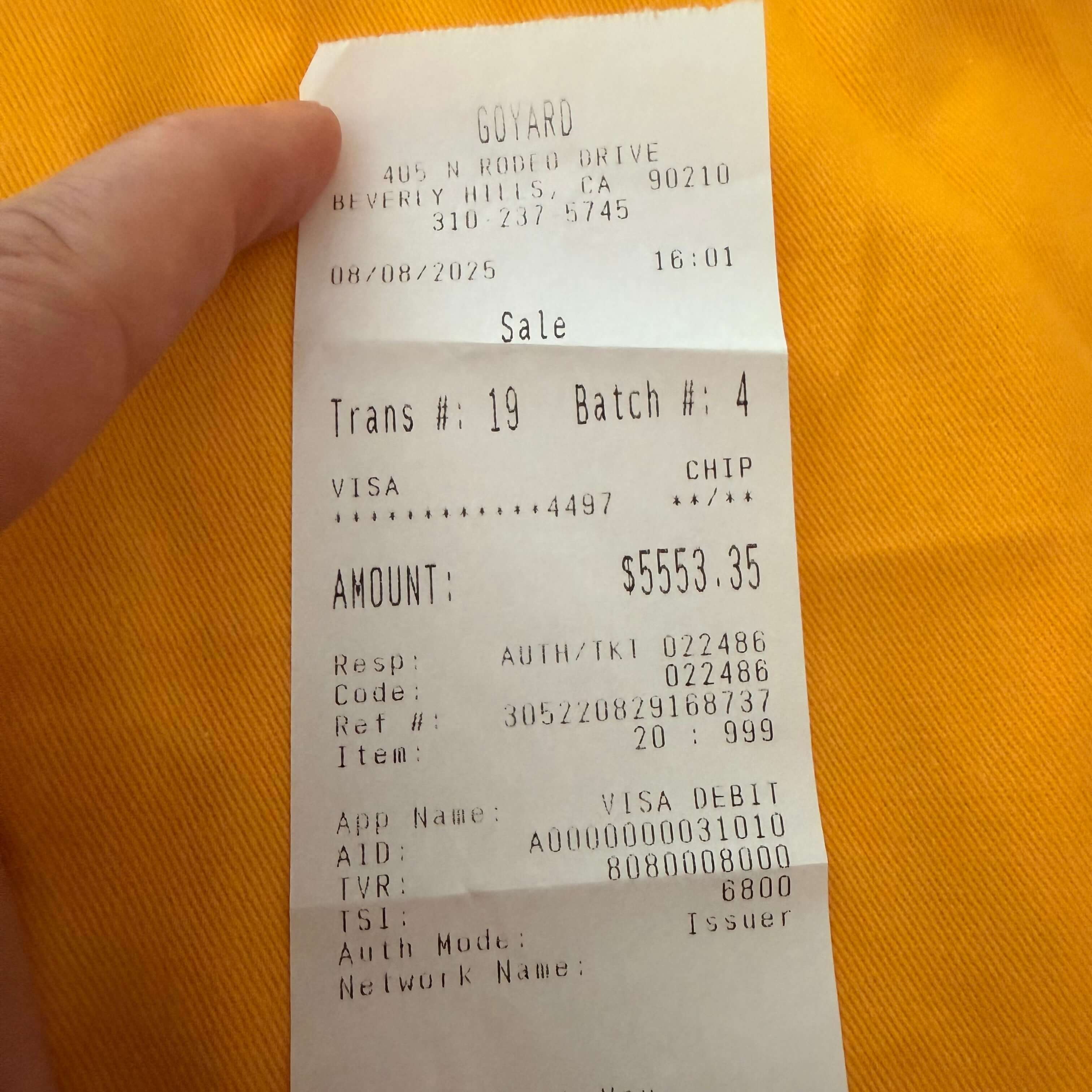 Goyard Artois MM Tote Bag- Goyardine purchase receipt dated August 2025, showing amount of $5553.35.