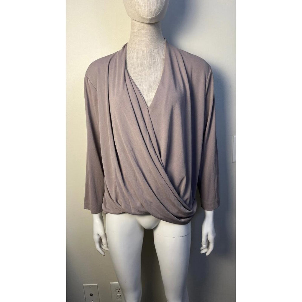 M.M Lafleur Draped Crepe The Deneuve Top in size XL, perfect for office wear blouses, with refined wrap style and luxurious fabric.