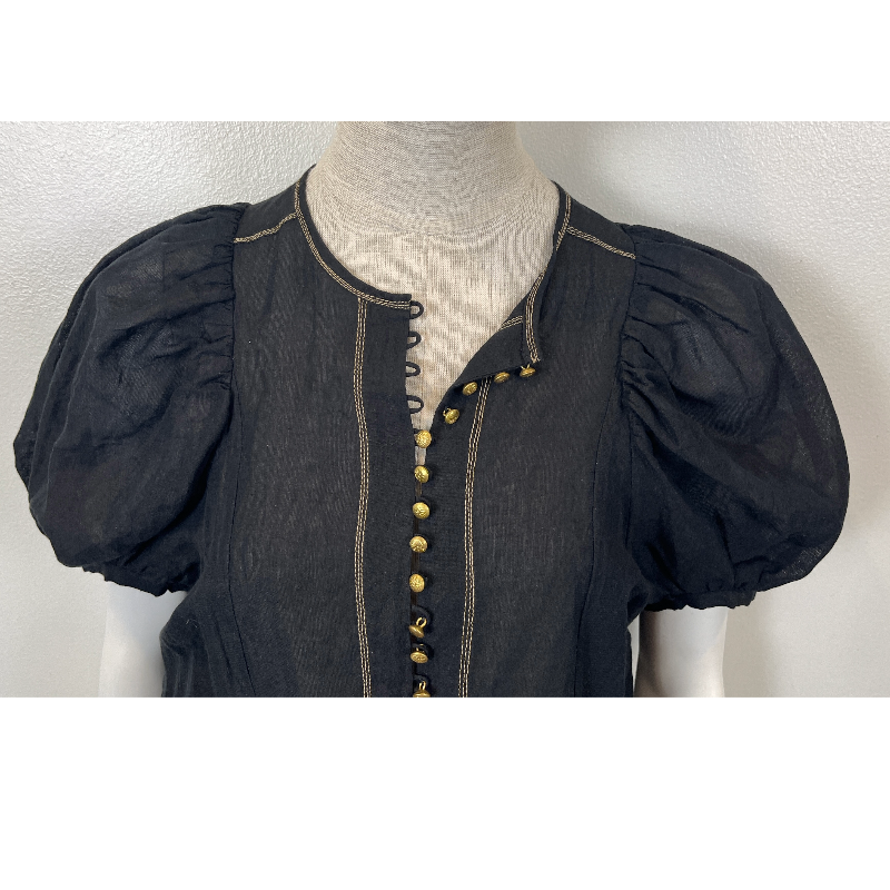 NATIVE VILLAGE LINEN BOHO SHEER BLOUSE showcasing puff sleeves and button details.