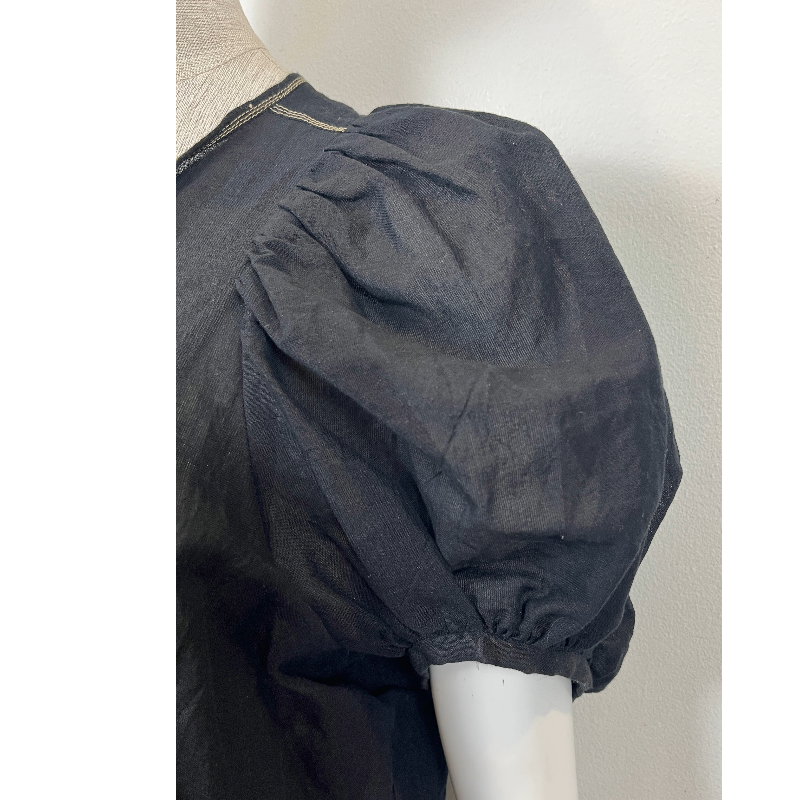 Close-up of the sleeve detail of the NATIVE VILLAGE LINEN BOHO SHEER BLOUSE showcasing the elegant puff design.