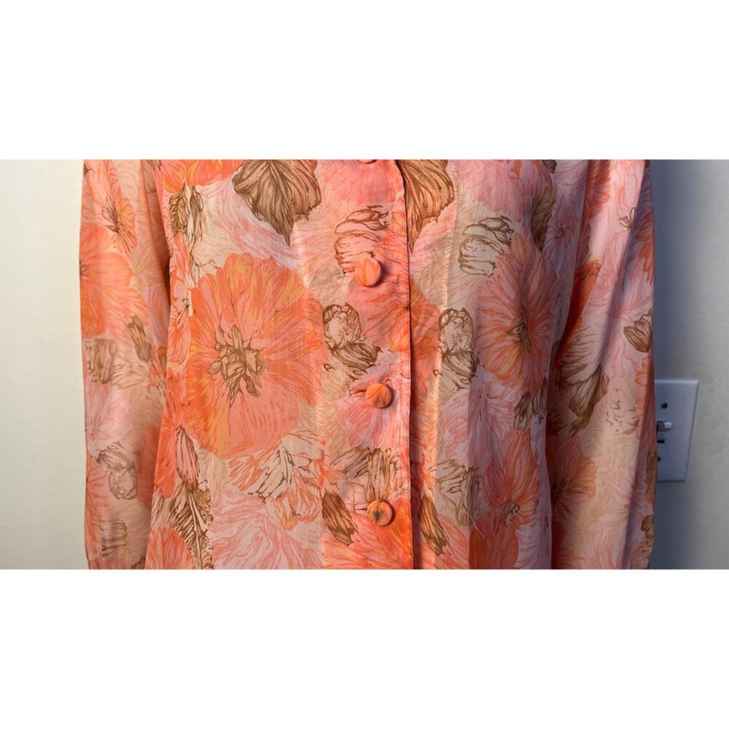 VINTAGE FLORAL 50'S 60'S SHEER JACKET with floral pattern and covered buttons in peach and brown tones.