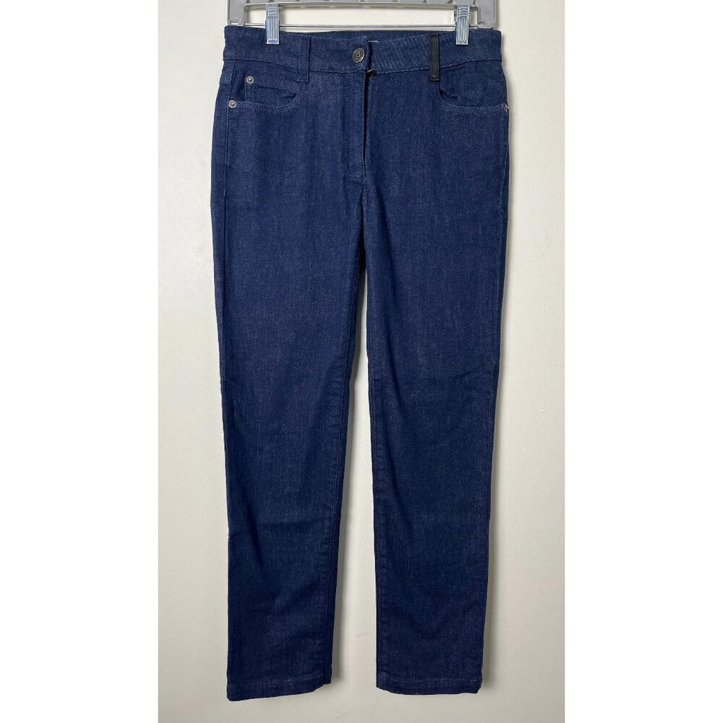SALVATORE FERRAGAMO DARK NAVY CROPPED DENIM JEANS displayed on a hanger with a simple background.