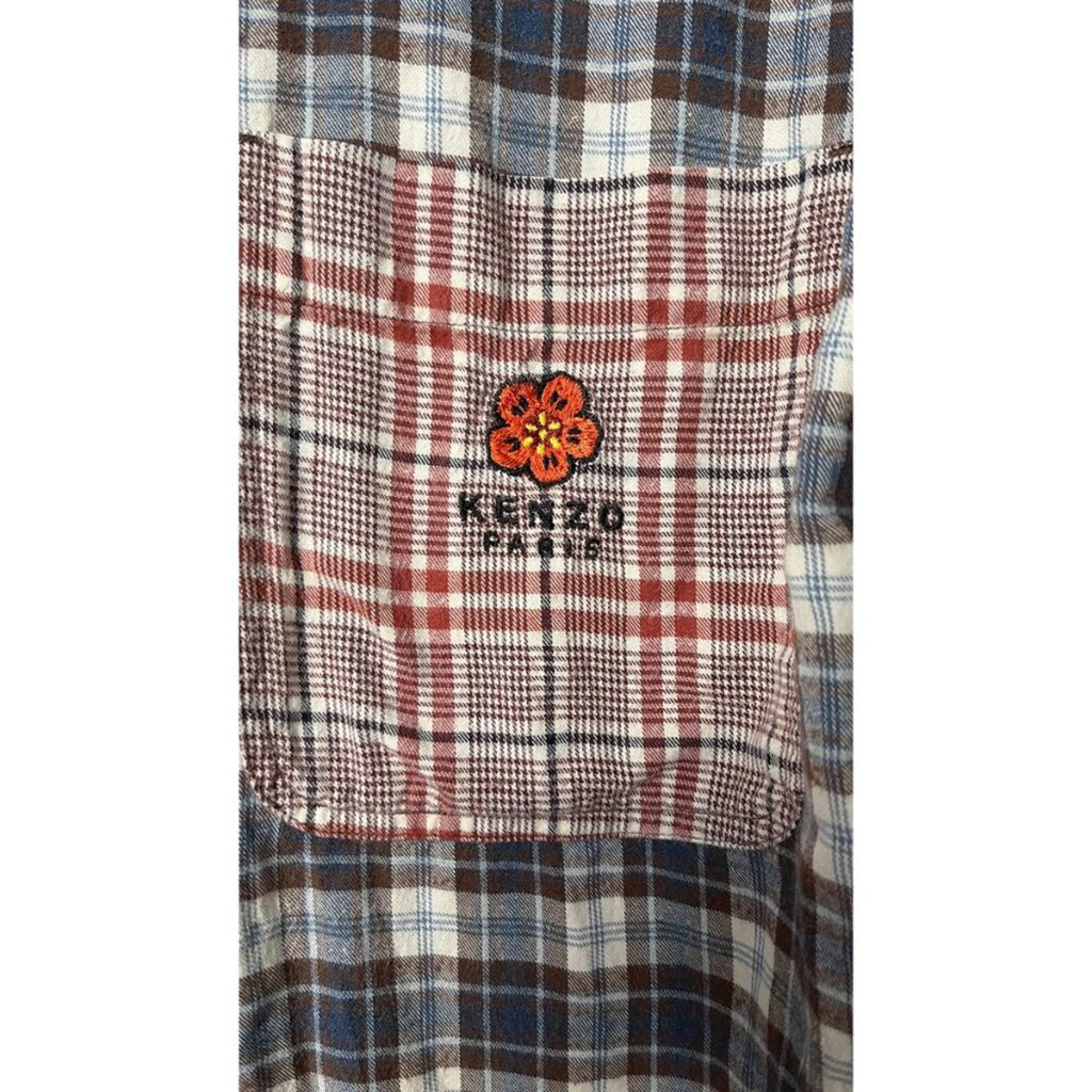 KENZO PARIS X NIGO 2 TONE PLAID OVERSIZED SHIRT featuring embroidered 'Boke Flower' design on chest pocket.