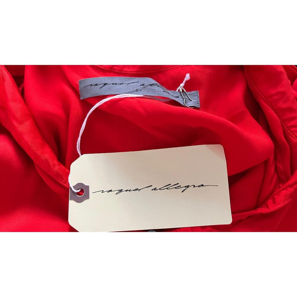 RAQUEL ALLEGRA RED GHOST RANCH MATTE RAYON SATIN DRESS label close-up with tag.