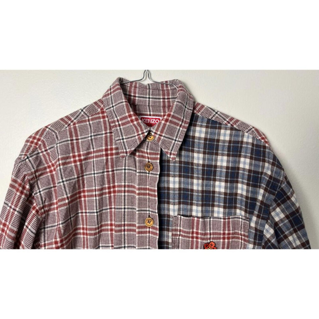 KENZO PARIS X NIGO 2 TONE PLAID OVERSIZED SHIRT featuring two check fabrics and classic spread collar.